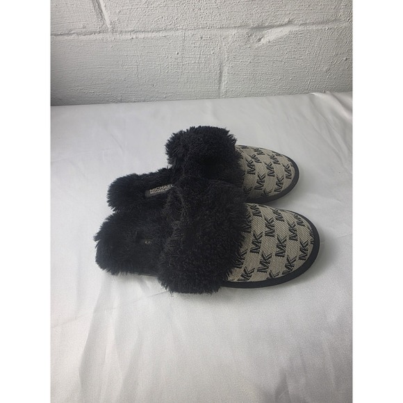 MICHAEL KORS Logo Woman's 8 MK Slide Black Gray Faux Fur Slippers Soft - Picture 2 of 7